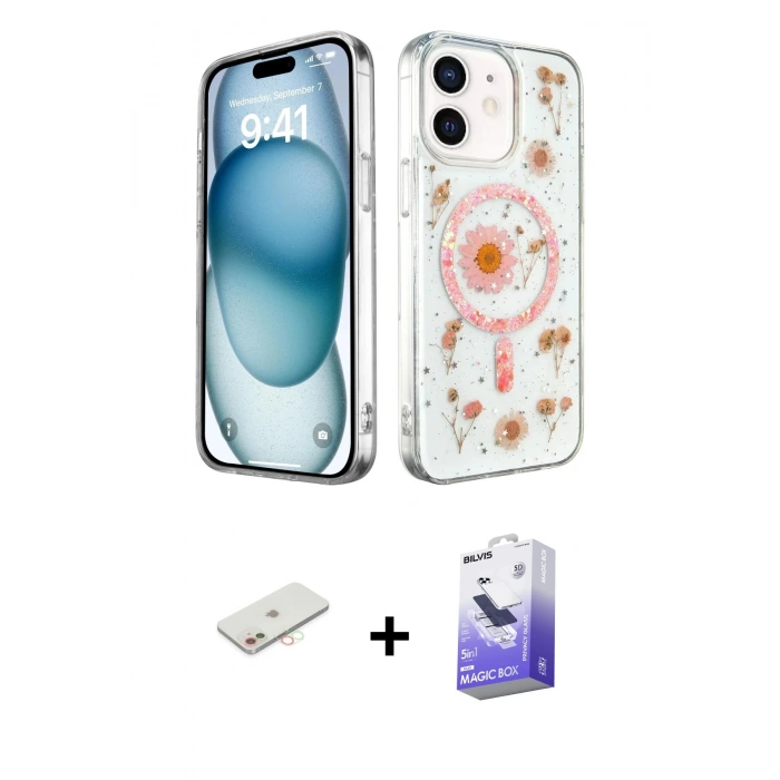 MARSİLYAN™- iPhone 12 Kılıf Kozmos Doku - Siyah Bilvis 5in1 5D Magic Hayalet Cam Ekran Koruyucu + Renkli Kamera Lens Koruma Cam - YL