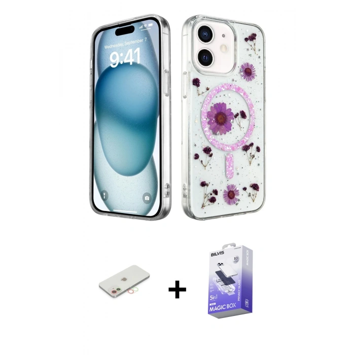 MARSİLYAN™- iPhone 12 Kılıf Kozmos Doku - Siyah Bilvis 5in1 5D Magic Hayalet Cam Ekran Koruyucu + Renkli Kamera Lens Koruma Cam - YL