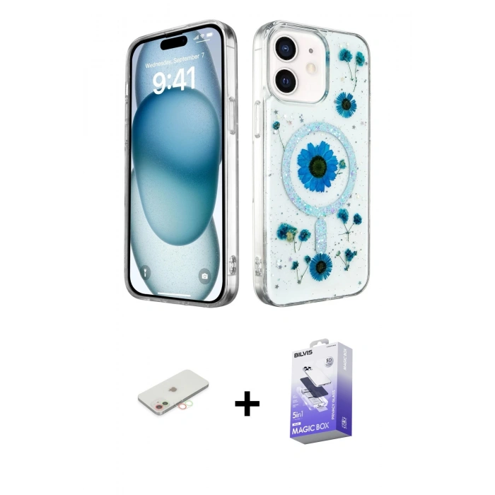 MARSİLYAN™- iPhone 12 Kılıf Kozmos Doku - Siyah Bilvis 5in1 5D Magic Hayalet Cam Ekran Koruyucu + Renkli Kamera Lens Koruma Cam - YL