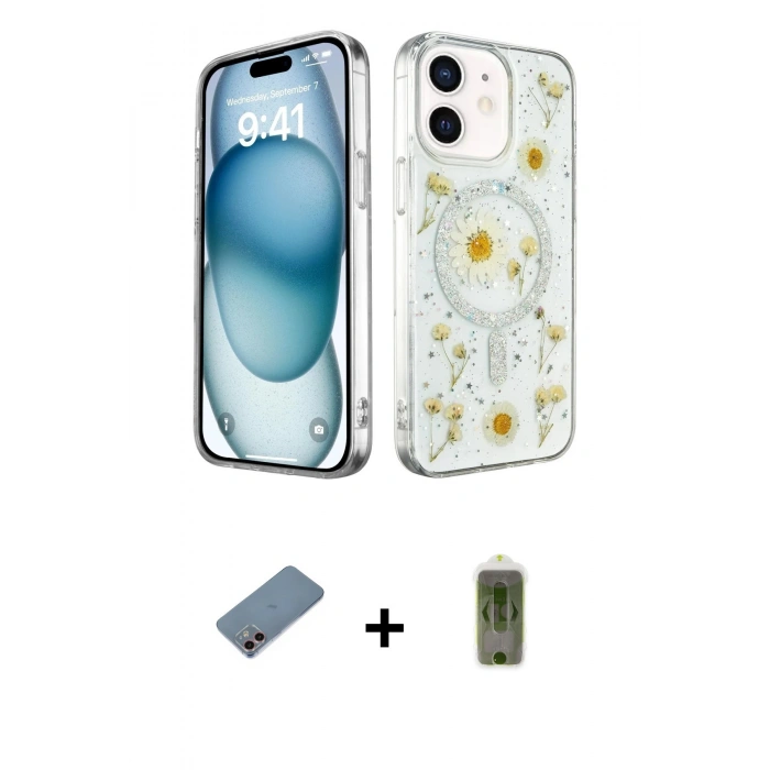 MARSİLYAN™- iPhone 12 Kılıf Kozmos Doku - Siyah Joko Magic 5D Hayalet Cam + Shine Kamera Lens Koruma Cam - PE