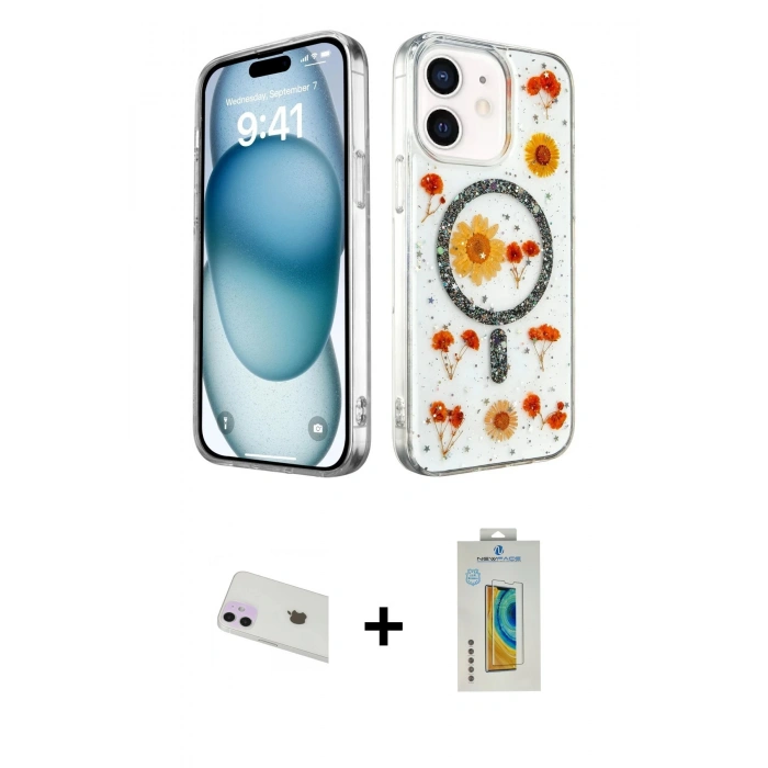 MARSİLYAN™- iPhone 12 Kılıf Kozmos Doku - Siyah Polymer Nano Ekran Koruyucu + Rainbow Kamera Lens Koruma Cam - MR