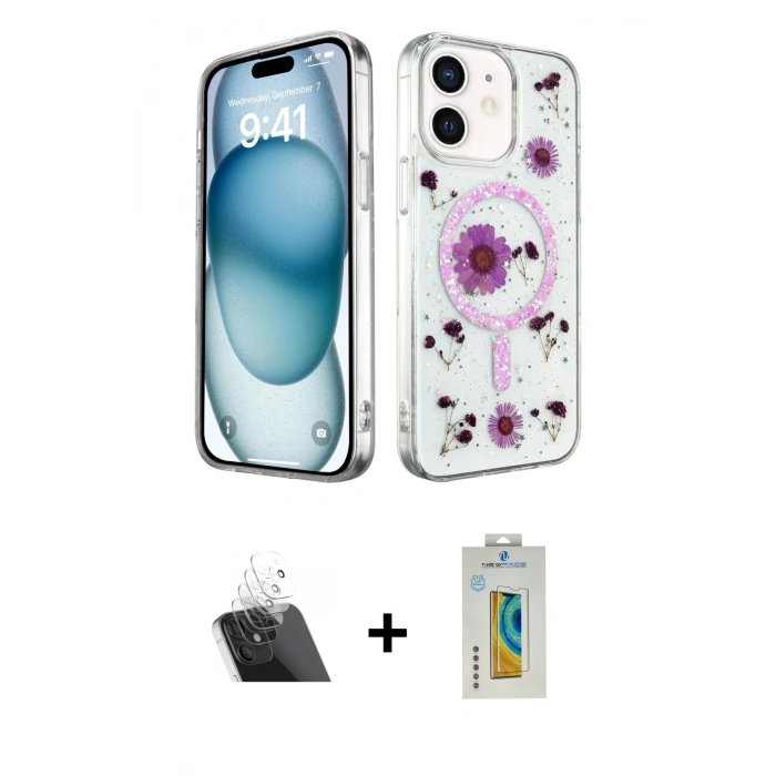 MARSİLYAN™- iPhone 12 Kılıf Kozmos Doku - Siyah Polymer Nano Ekran Koruyucu + Kamera Lens Koruma Cam - SF