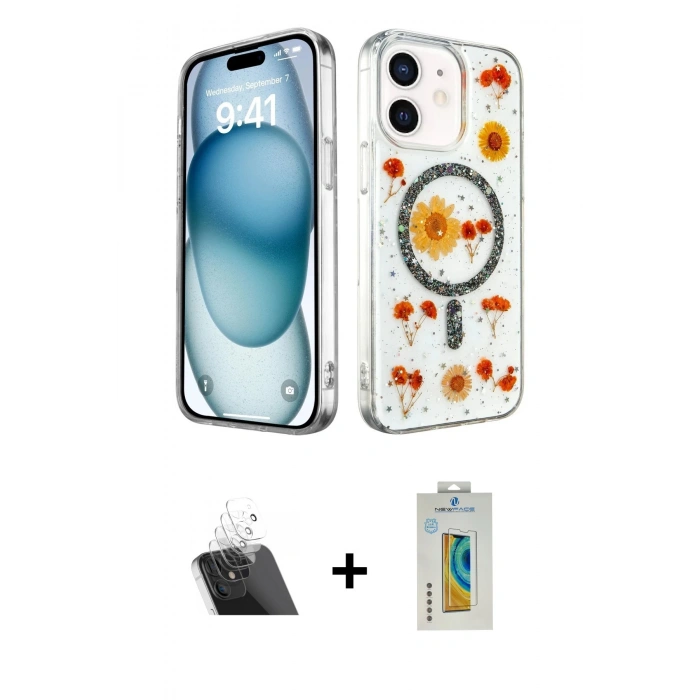 MARSİLYAN™- iPhone 12 Kılıf Kozmos Doku - Siyah Polymer Nano Ekran Koruyucu + Kamera Lens Koruma Cam - SF