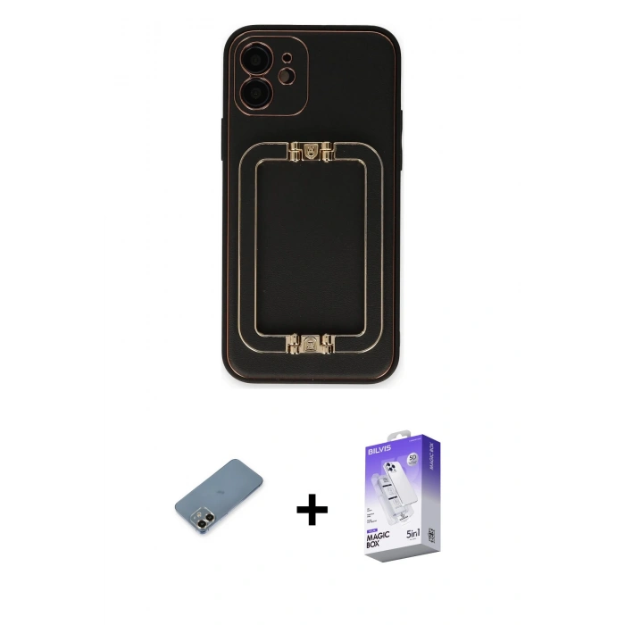 MARSİLYAN™- iPhone 12 Kılıf Kozmos Minimal Prime - Siyah Bilvis 5in1 3D Magic Cam Ekran Koruyucu + Metal Kamera Lens Koruma Cam - GD