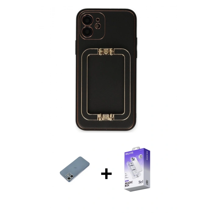 MARSİLYAN™- iPhone 12 Kılıf Kozmos Minimal Prime - Siyah Bilvis 5in1 3D Magic Cam Ekran Koruyucu + Shine Kamera Lens Koruma Cam - GS