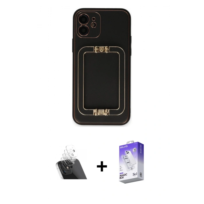 MARSİLYAN™- iPhone 12 Kılıf Kozmos Minimal Prime - Siyah Bilvis 5in1 3D Magic Cam Ekran Koruyucu + Kamera Lens Koruma Cam - SF