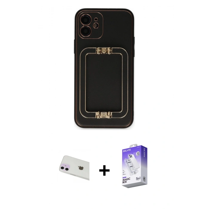 MARSİLYAN™- iPhone 12 Kılıf Kozmos Minimal Prime - Siyah Bilvis 5in1 3D Magic Cam Ekran Koruyucu + Mor Rainbow Kamera Lens Koruma Cam