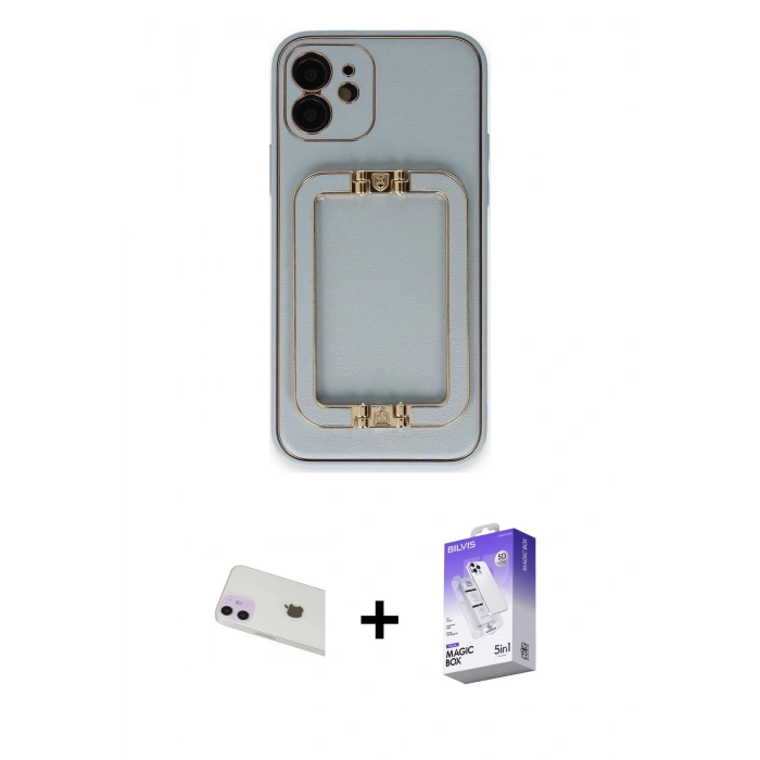 MARSİLYAN™- iPhone 12 Kılıf Kozmos Minimal Prime - Siyah Bilvis 5in1 3D Magic Cam Ekran Koruyucu + Mor Rainbow Kamera Lens Koruma Cam