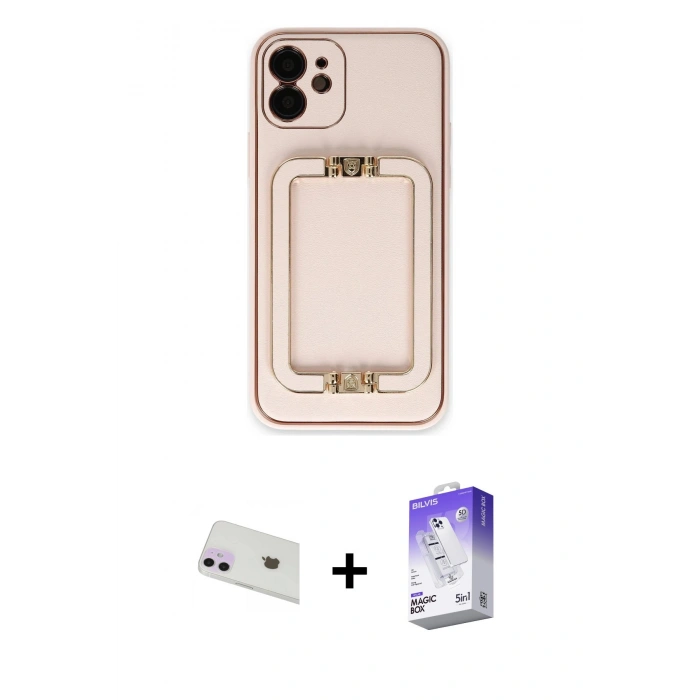 MARSİLYAN™- iPhone 12 Kılıf Kozmos Minimal Prime - Siyah Bilvis 5in1 3D Magic Cam Ekran Koruyucu + Mor Rainbow Kamera Lens Koruma Cam