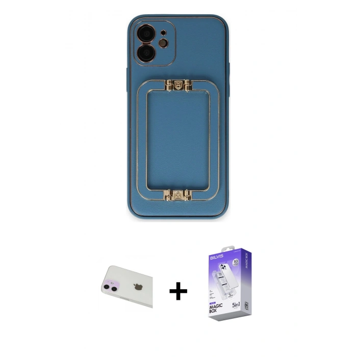 MARSİLYAN™- iPhone 12 Kılıf Kozmos Minimal Prime - Siyah Bilvis 5in1 3D Magic Cam Ekran Koruyucu + Mor Rainbow Kamera Lens Koruma Cam
