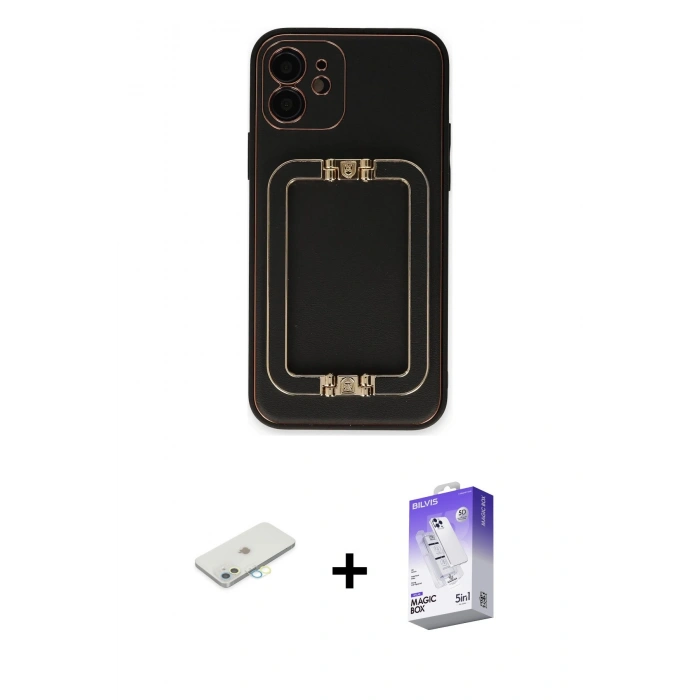 MARSİLYAN™- iPhone 12 Kılıf Kozmos Minimal Prime - Siyah Bilvis 5in1 3D Magic Cam Ekran Koruyucu + Sarı Renkli Kamera Lens Koruma Cam