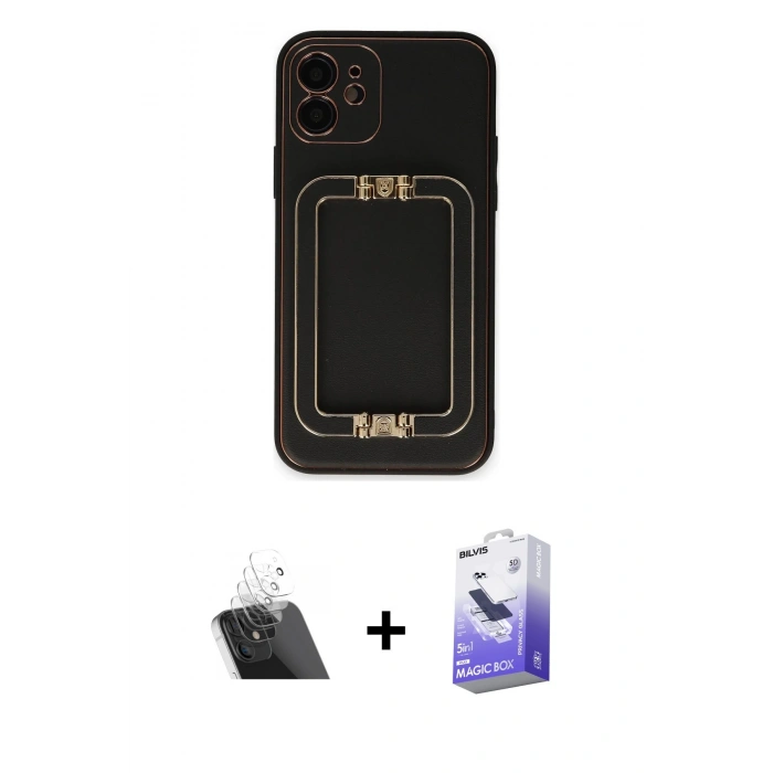 MARSİLYAN™- iPhone 12 Kılıf Kozmos Minimal Prime - Siyah Bilvis 5in1 5D Magic Hayalet Cam Ekran Koruyucu + Kamera Lens Koruma Cam - SF