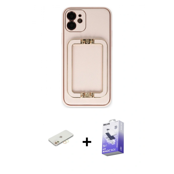 MARSİLYAN™- iPhone 12 Kılıf Kozmos Minimal Prime - Siyah Bilvis 5in1 5D Magic Hayalet Cam Ekran Koruyucu + Sarı Renkli Kamera Lens Koruma Cam