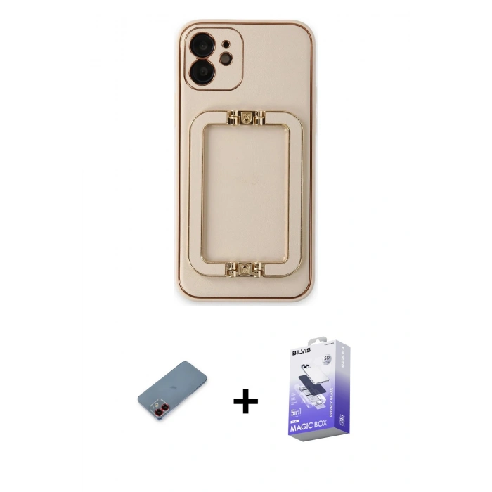 MARSİLYAN™- iPhone 12 Kılıf Kozmos Minimal Prime - Siyah Bilvis 5in1 5D Magic Hayalet Cam Ekran Koruyucu + Kırmızı Metal Kamera Lens Koruma Cam
