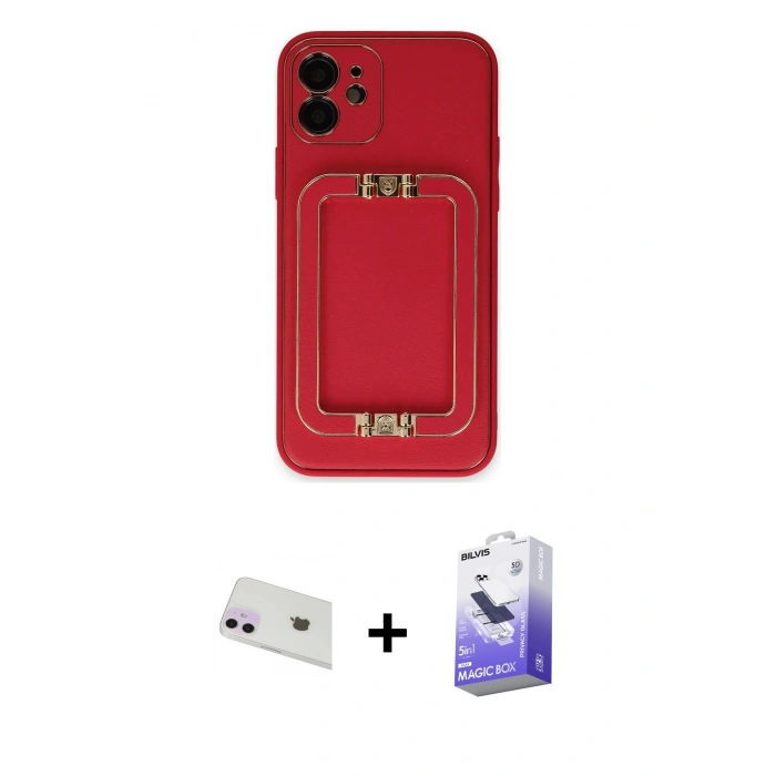 MARSİLYAN™- iPhone 12 Kılıf Kozmos Minimal Prime - Siyah Bilvis 5in1 5D Magic Hayalet Cam Ekran Koruyucu + Mor Rainbow Kamera Lens Koruma Cam