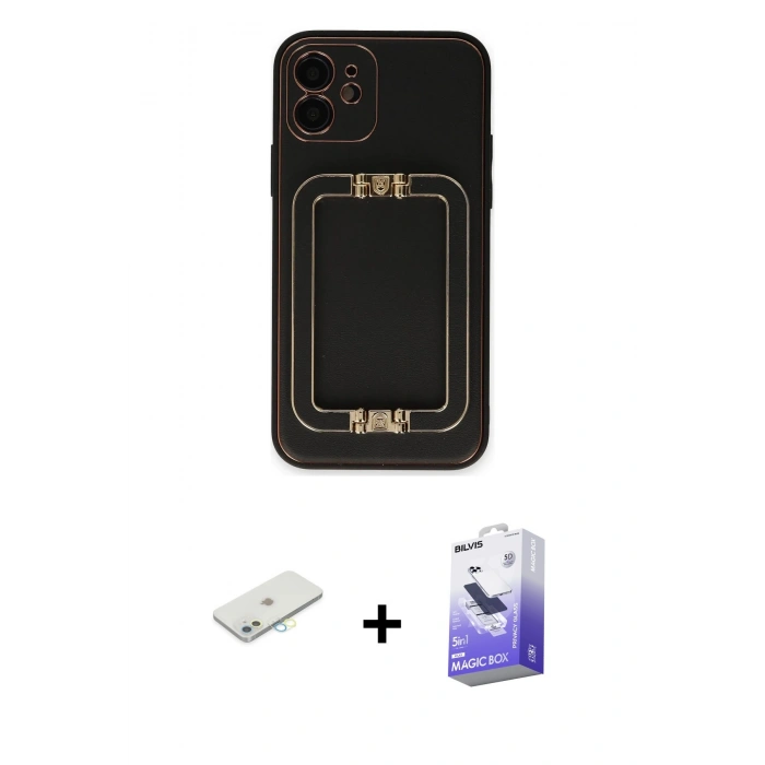 MARSİLYAN™- iPhone 12 Kılıf Kozmos Minimal Prime - Siyah Bilvis 5in1 5D Magic Hayalet Cam Ekran Koruyucu + Renkli Kamera Lens Koruma Cam - SI
