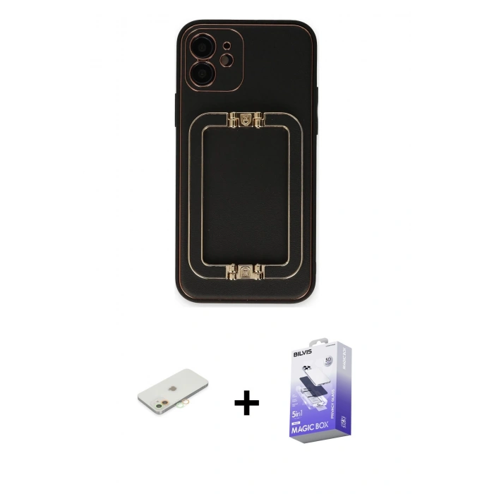 MARSİLYAN™- iPhone 12 Kılıf Kozmos Minimal Prime - Siyah Bilvis 5in1 5D Magic Hayalet Cam Ekran Koruyucu + Turuncu Renkli Kamera Lens Koruma Cam