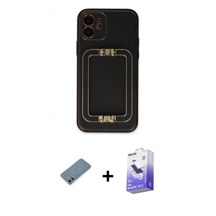 MARSİLYAN™- iPhone 12 Kılıf Kozmos Minimal Prime - Siyah Bilvis 5in1 5D Magic Hayalet Cam Ekran Koruyucu + Metal Kamera Lens Koruma Cam - AKYL