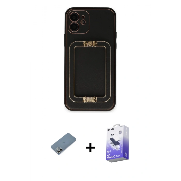 MARSİLYAN™- iPhone 12 Kılıf Kozmos Minimal Prime - Siyah Bilvis 5in1 5D Magic Hayalet Cam Ekran Koruyucu + Gümüş Shine Kamera Lens Koruma Cam