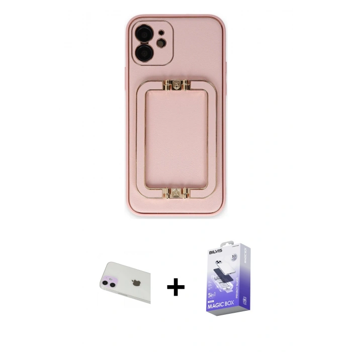 MARSİLYAN™- iPhone 12 Kılıf Kozmos Minimal Prime - Siyah Bilvis 5in1 5D Magic Hayalet Cam Ekran Koruyucu + Mor Rainbow Kamera Lens Koruma Cam