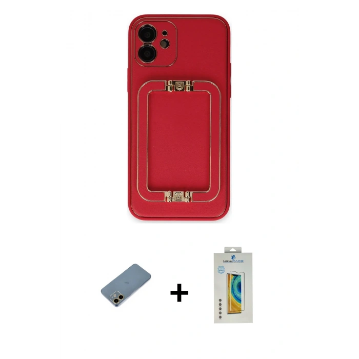 MARSİLYAN™- iPhone 12 Kılıf Kozmos Minimal Prime - Siyah Polymer Nano Ekran Koruyucu + Gold Shine Kamera Lens Koruma Cam
