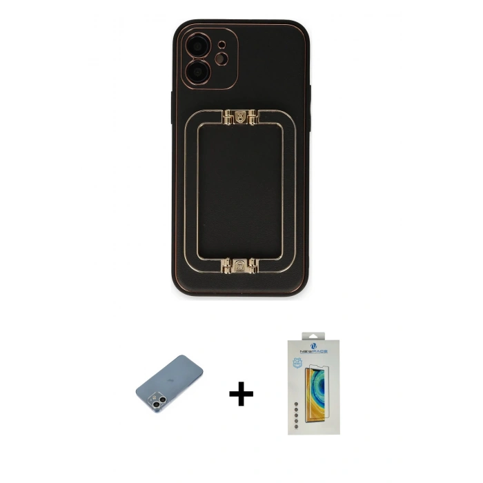 MARSİLYAN™- iPhone 12 Kılıf Kozmos Minimal Prime - Siyah Polymer Nano Ekran Koruyucu + Shine Kamera Lens Koruma Cam - GS