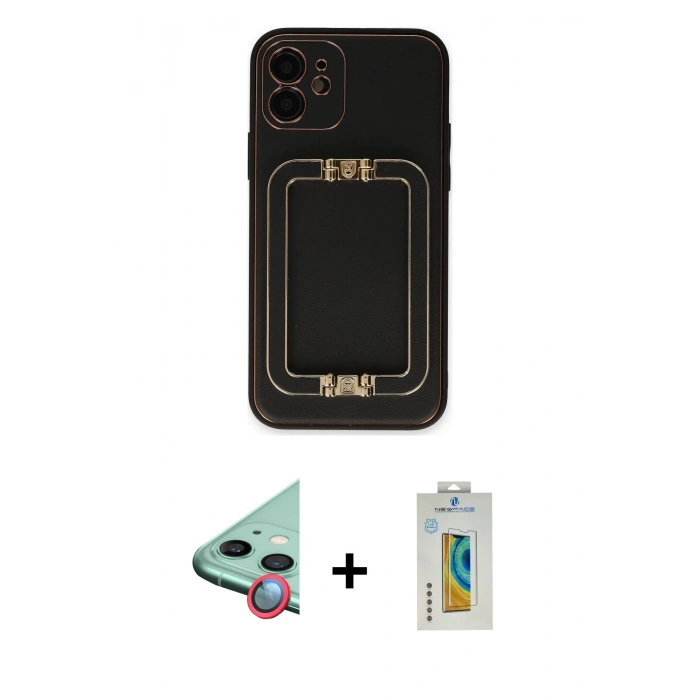 MARSİLYAN™- iPhone 12 Kılıf Kozmos Minimal Prime - Siyah Polymer Nano Ekran Koruyucu + Raze Metal Kamera Lens - KI