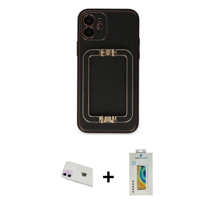MARSİLYAN™- iPhone 12 Kılıf Kozmos Minimal Prime - Siyah Polymer Nano Ekran Koruyucu + Mor Rainbow Kamera Lens Koruma Cam