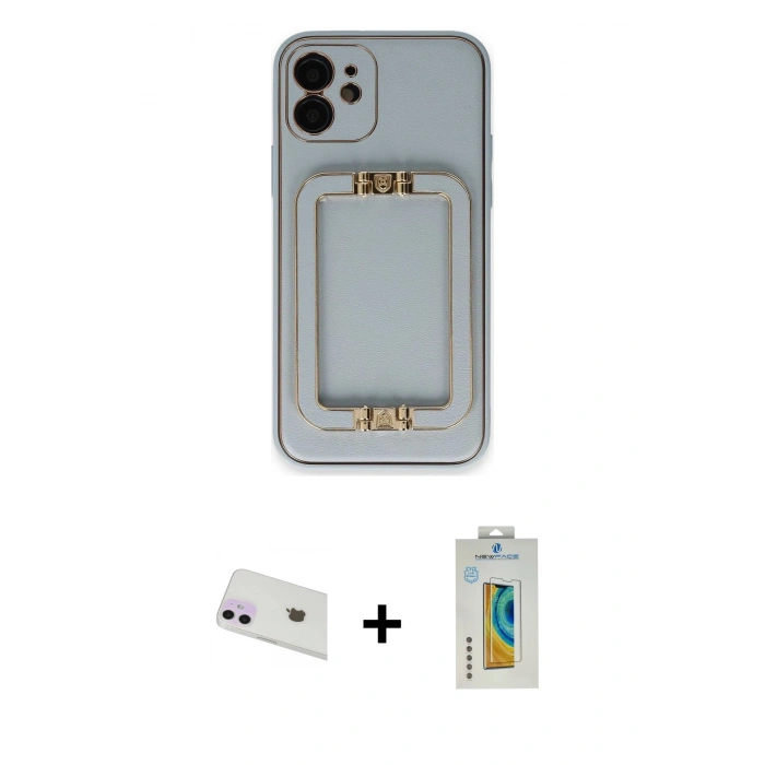 MARSİLYAN™- iPhone 12 Kılıf Kozmos Minimal Prime - Siyah Polymer Nano Ekran Koruyucu + Mor Rainbow Kamera Lens Koruma Cam