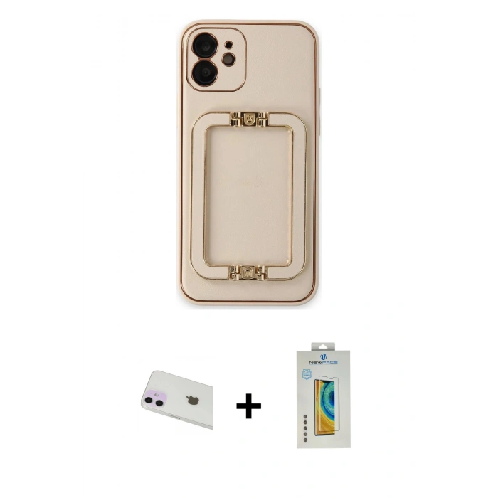 MARSİLYAN™- iPhone 12 Kılıf Kozmos Minimal Prime - Siyah Polymer Nano Ekran Koruyucu + Rainbow Kamera Lens Koruma Cam - MR
