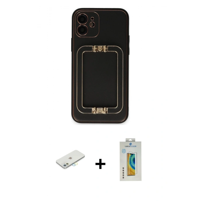 MARSİLYAN™- iPhone 12 Kılıf Kozmos Minimal Prime - Siyah Polymer Nano Ekran Koruyucu + Renkli Kamera Lens Koruma Cam - SI