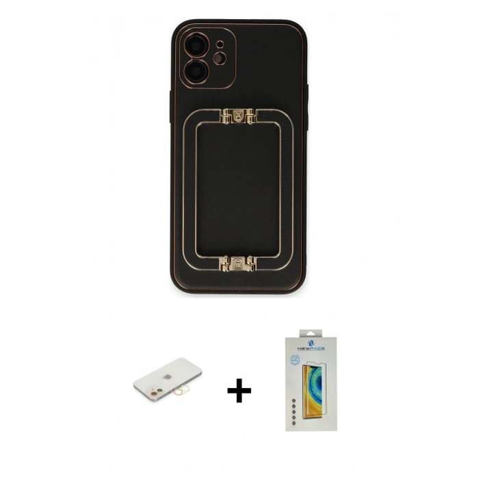 MARSİLYAN™- iPhone 12 Kılıf Kozmos Minimal Prime - Siyah Polymer Nano Ekran Koruyucu + Renkli Kamera Lens Koruma Cam - SI