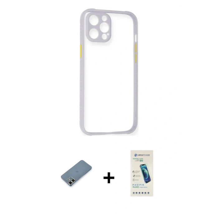 MARSİLYAN™- iPhone 12 Kılıf Nova Asil Özel Seri - Şeffaf Pasifik Cam Ekran Koruyucu + Açık Yeşil Metal Kamera Lens Koruma Cam