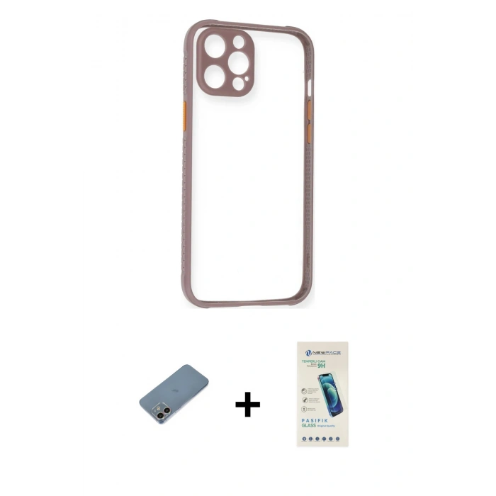 MARSİLYAN™- iPhone 12 Kılıf Nova Asil Özel Seri - Şeffaf Pasifik Cam Ekran Koruyucu + Shine Kamera Lens Koruma Cam - GI