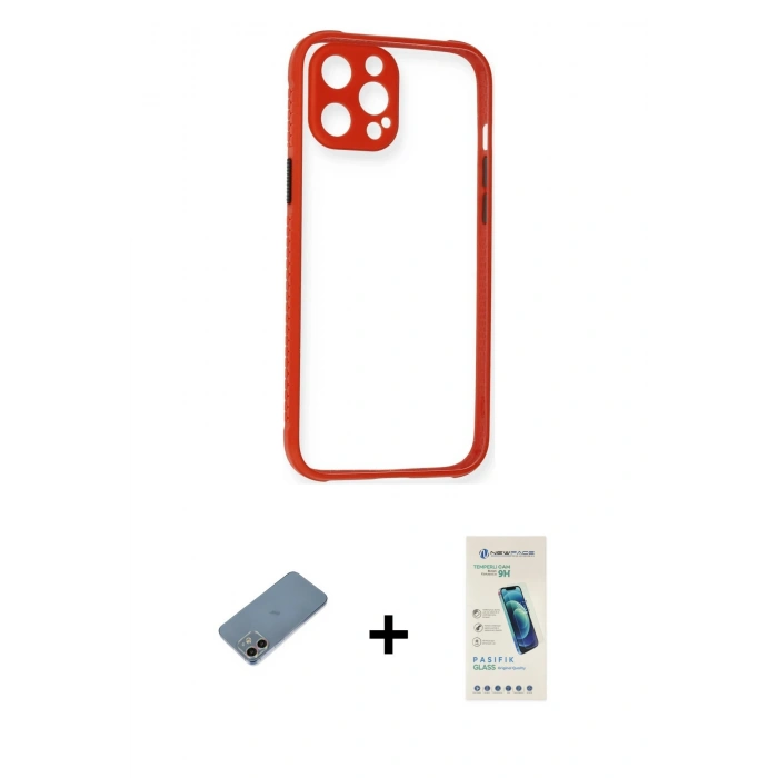 MARSİLYAN™- iPhone 12 Kılıf Nova Asil Özel Seri - Şeffaf Pasifik Cam Ekran Koruyucu + Shine Kamera Lens Koruma Cam - GI