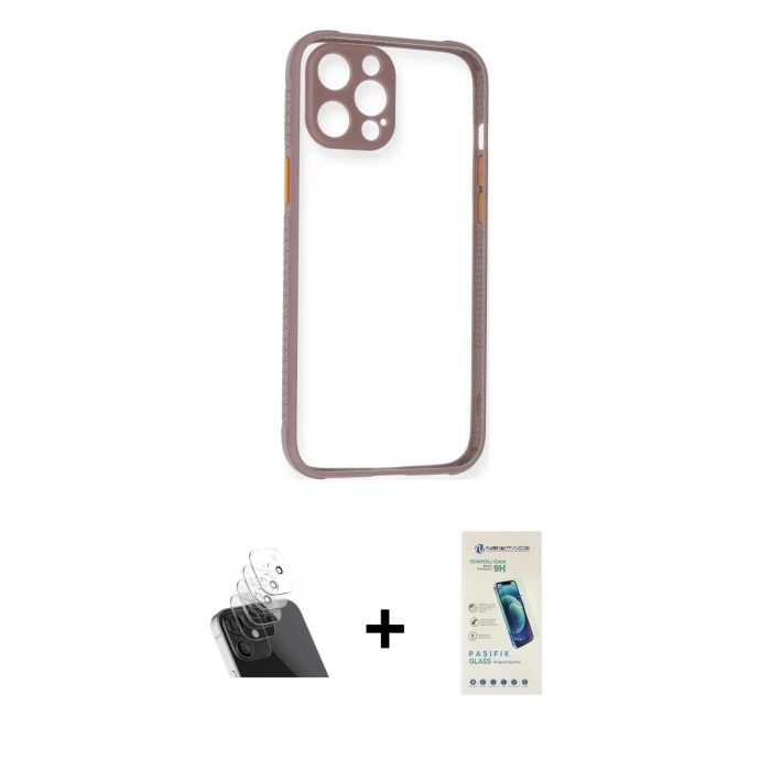 MARSİLYAN™- iPhone 12 Kılıf Nova Asil Özel Seri - Şeffaf Pasifik Cam Ekran Koruyucu + Kamera Lens Koruma Cam - SF