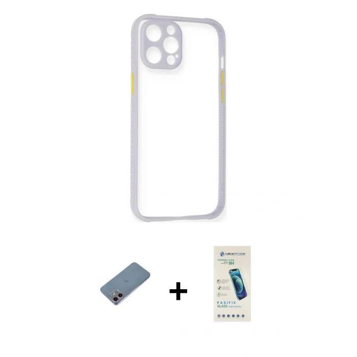MARSİLYAN™- iPhone 12 Kılıf Nova Asil Özel Seri - Şeffaf Pasifik Cam Ekran Koruyucu + Shine Kamera Lens Koruma Cam - PE