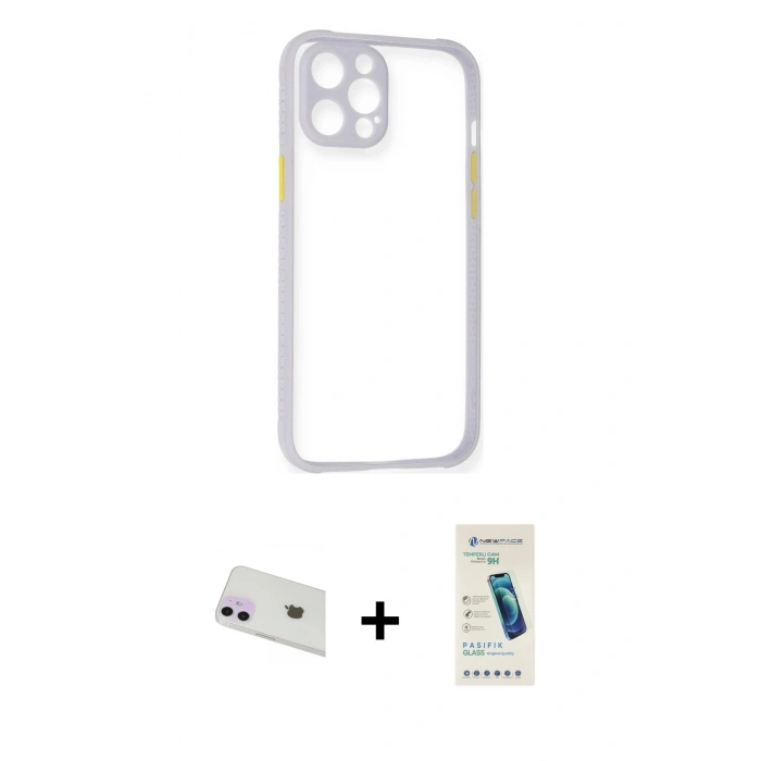 MARSİLYAN™- iPhone 12 Kılıf Nova Asil Özel Seri - Şeffaf Pasifik Cam Ekran Koruyucu + Rainbow Kamera Lens Koruma Cam - MR