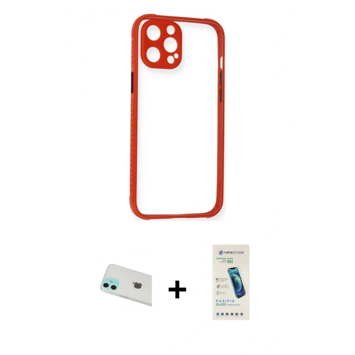 MARSİLYAN™- iPhone 12 Kılıf Nova Asil Özel Seri - Şeffaf Pasifik Cam Ekran Koruyucu + Rainbow Kamera Lens Koruma Cam - YL