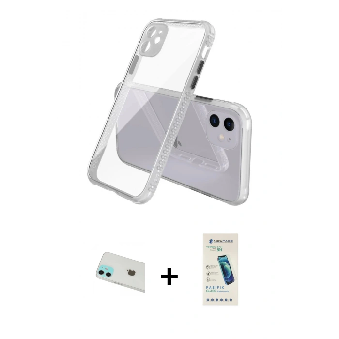 MARSİLYAN™- iPhone 12 Kılıf Nova Asil Özel Seri - Şeffaf Pasifik Cam Ekran Koruyucu + Rainbow Kamera Lens Koruma Cam - YL