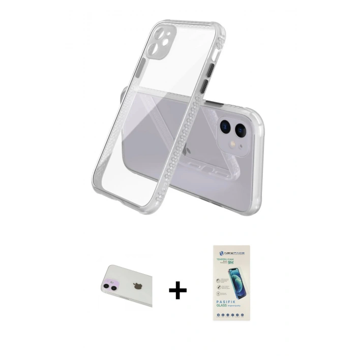 MARSİLYAN™- iPhone 12 Kılıf Nova Asil Özel Seri - Şeffaf Pasifik Cam Ekran Koruyucu + Rainbow Kamera Lens Koruma Cam - MR