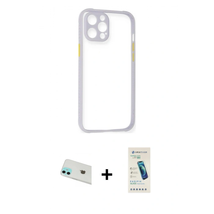 MARSİLYAN™- iPhone 12 Kılıf Nova Asil Özel Seri - Şeffaf Pasifik Cam Ekran Koruyucu + Rainbow Kamera Lens Koruma Cam - YL