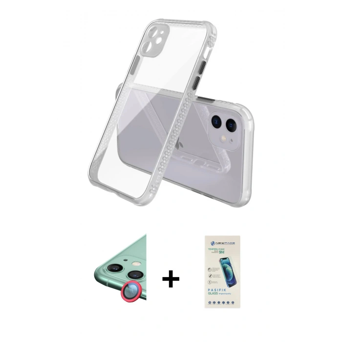 MARSİLYAN™- iPhone 12 Kılıf Nova Asil Özel Seri - Şeffaf Pasifik Cam Ekran Koruyucu + Raze Metal Kamera Lens - KI