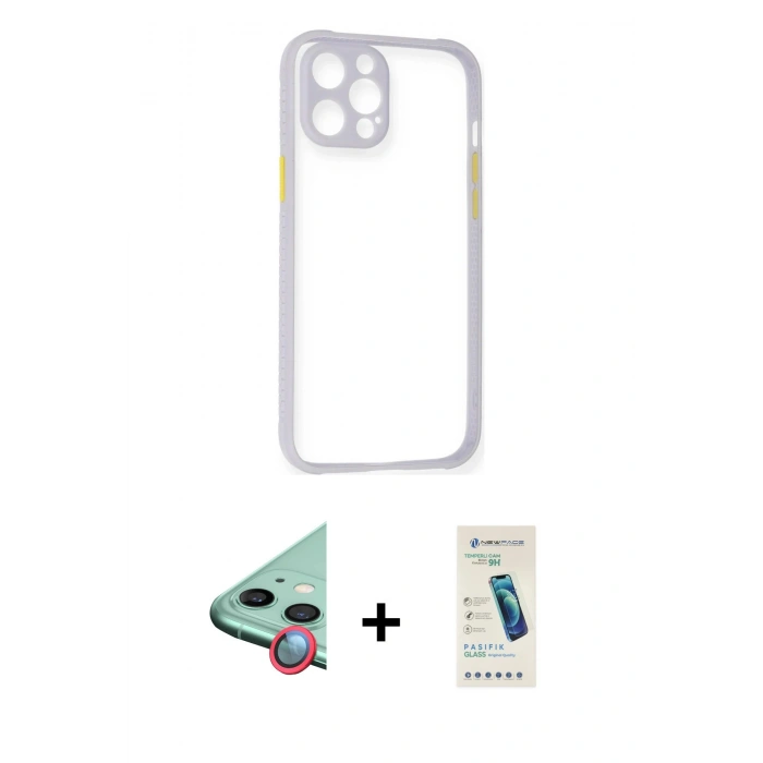 MARSİLYAN™- iPhone 12 Kılıf Nova Asil Özel Seri - Şeffaf Pasifik Cam Ekran Koruyucu + Raze Metal Kamera Lens - KI