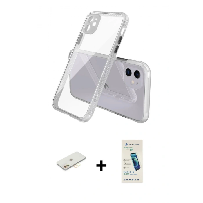 MARSİLYAN™- iPhone 12 Kılıf Nova Asil Özel Seri - Şeffaf Pasifik Cam Ekran Koruyucu + Renkli Kamera Lens Koruma Cam - SI