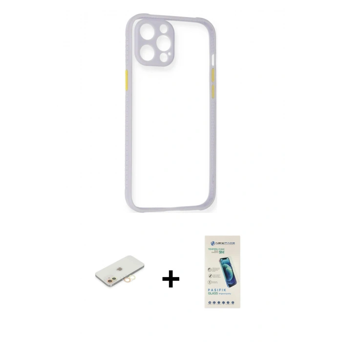 MARSİLYAN™- iPhone 12 Kılıf Nova Asil Özel Seri - Şeffaf Pasifik Cam Ekran Koruyucu + Renkli Kamera Lens Koruma Cam - SI