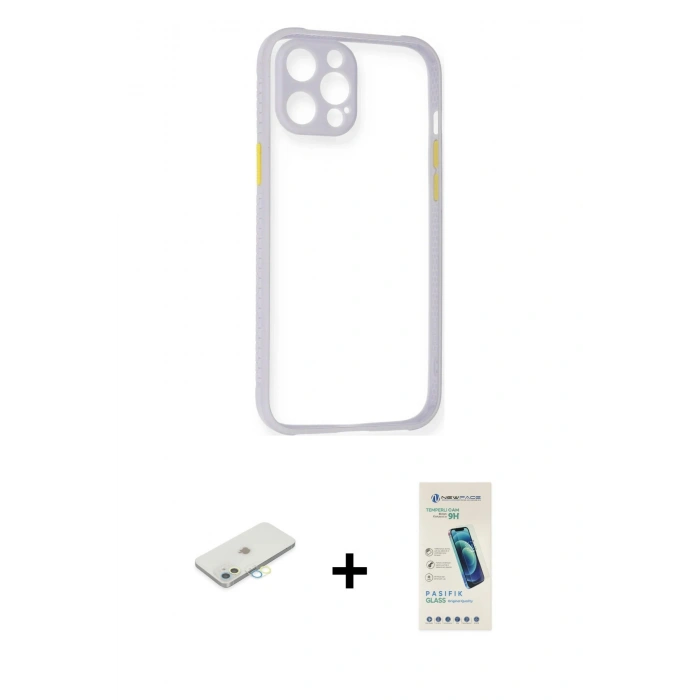 MARSİLYAN™- iPhone 12 Kılıf Nova Asil Özel Seri - Şeffaf Pasifik Cam Ekran Koruyucu + Sarı Renkli Kamera Lens Koruma Cam