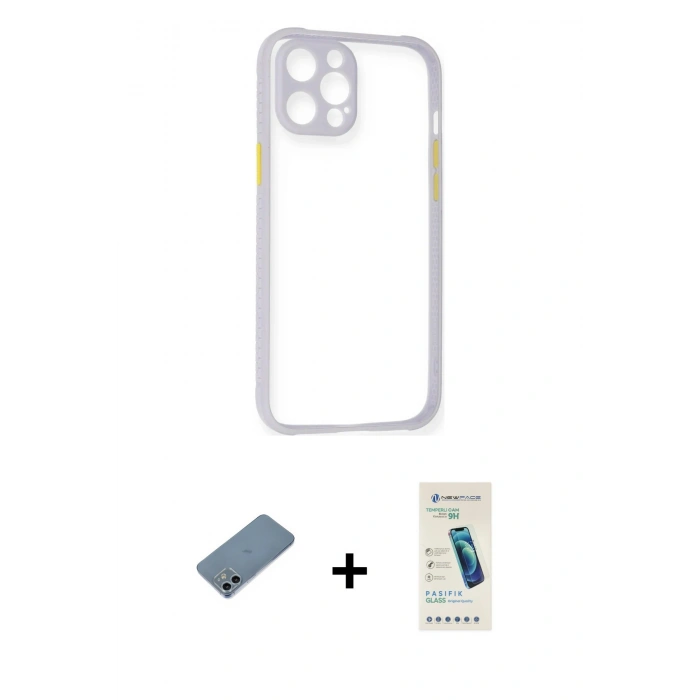 MARSİLYAN™- iPhone 12 Kılıf Nova Asil Özel Seri - Şeffaf Pasifik Cam Ekran Koruyucu + Sierra Blue Shine Kamera Lens Koruma Cam