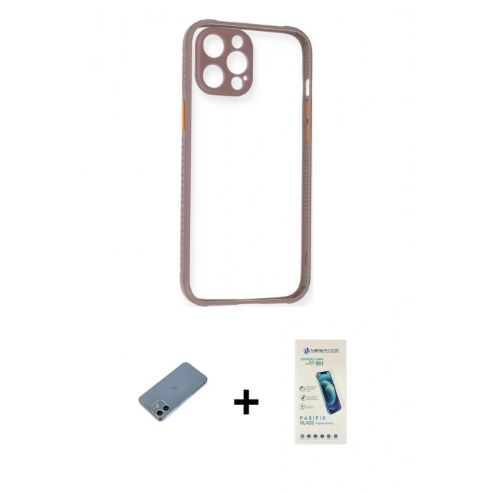 MARSİLYAN™- iPhone 12 Kılıf Nova Asil Özel Seri - Şeffaf Pasifik Cam Ekran Koruyucu + Sierra Blue Shine Kamera Lens Koruma Cam