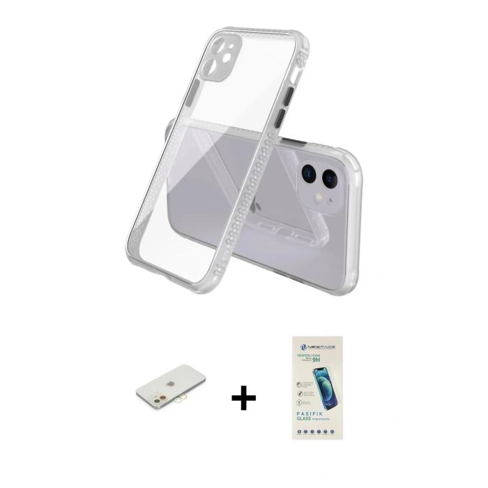 MARSİLYAN™- iPhone 12 Kılıf Nova Asil Özel Seri - Şeffaf Pasifik Cam Ekran Koruyucu + Turuncu Renkli Kamera Lens Koruma Cam